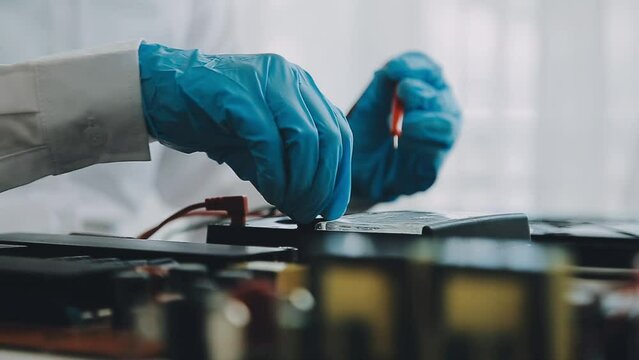 Debugging electronics device. PCB witch microcontroller in electronics laboratory