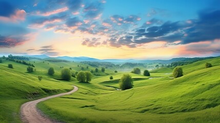 A green grass field in hilly area in morning at dawn against blue sky with clouds. Natural panoramic spring summer landscape with winding path.