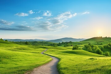 A green grass field in hilly area in morning at dawn against blue sky with clouds. Natural panoramic spring summer landscape with winding path. - Powered by Adobe