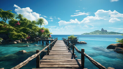 Fototapeta premium Beautiful tropical landscape background, concept for summer travel and vacation. Wooden pier to an island in ocean against blue sky with white clouds.