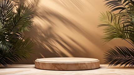 Obraz premium Marble beige podium with shadow from palm leaves on the wall. Background for presentation.
