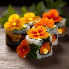 A delicious Sushi Rolls with edible flower