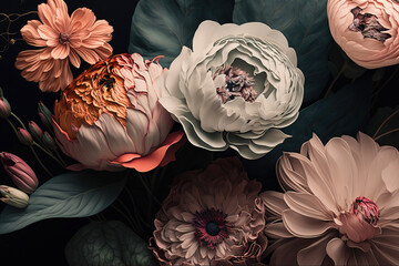 Wallpapers with blooming garden flowers on dark background, Illustration generative AI