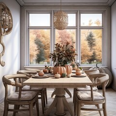 a dining room with pumpkins on the table and two chairs in front of large window overlooking autumn trees outside