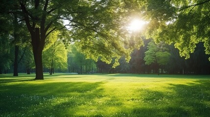 Fototapeta na wymiar Beautiful spring background. View of natural park with a green lawn through young juicy foliage of trees in rays of soft sunlight.