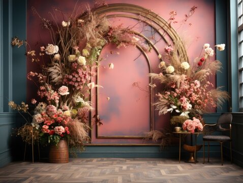 floral hoop digital backdrops. shoot set up with prop Flower and wood backdrop. AI Generative.