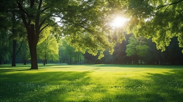 Beautiful spring background. View of natural park with a green lawn through young juicy foliage of trees in rays of soft sunlight.