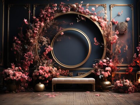 floral hoop digital backdrops. shoot set up with prop Flower and wood backdrop. AI Generative.