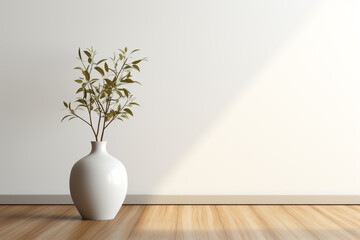 An empty room with wooden floor and vases in the style of minimalist backgrounds, template for product presentation,  mock up