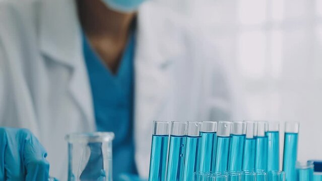 hand of scientist with test tube and flask in medical chemistry lab blue banner background
