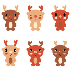 New year deer kawaii cartoon style clipart collection. Perfect for tee, poster, card, sticker. Vector illustration.