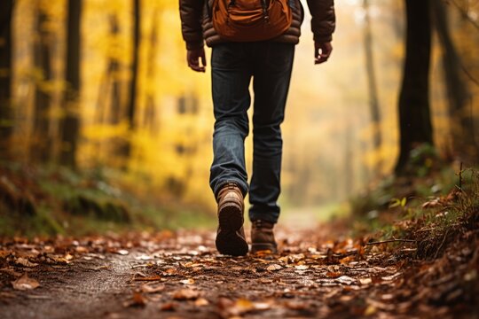 Man walking in autumn forest. Hiking trail in the forest.Generative AI