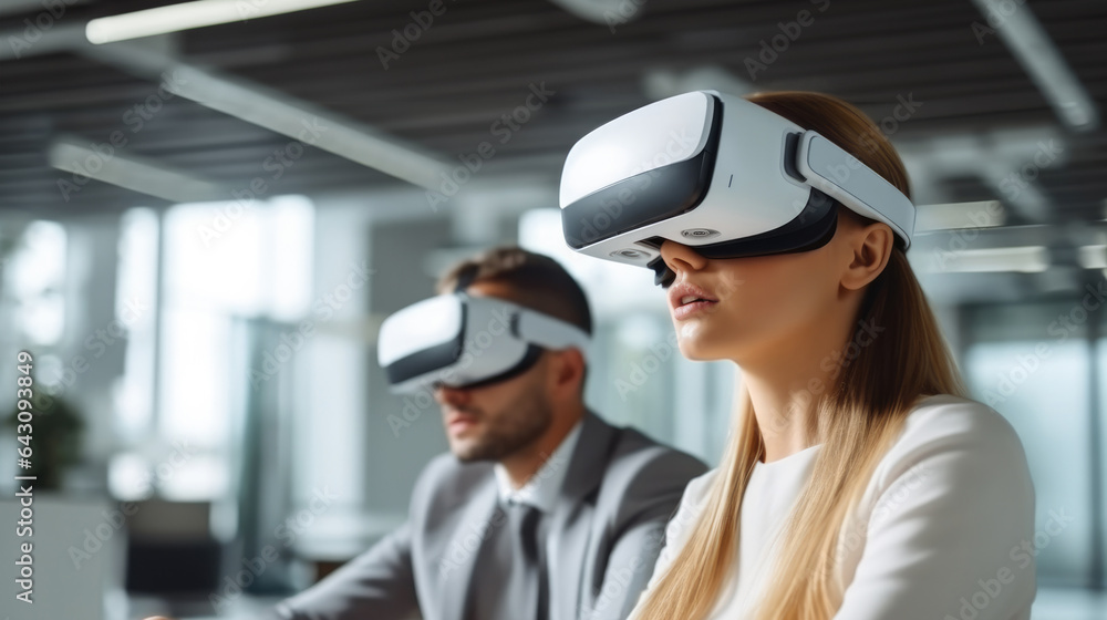 Poster two business people with vr goggles in the office, futuristic tech with metaverse with digital data.