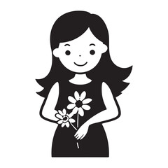 black and white illustration girl and flower