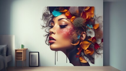A wall painting of a woman's face painted using colorful paints.