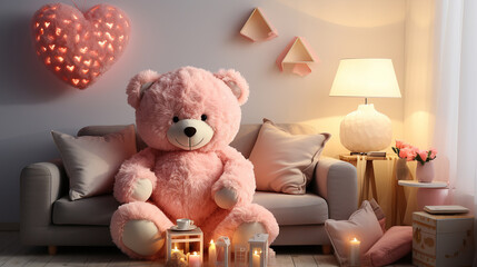 Pink teddy bear with a heart and a balloon in a cozy living room.