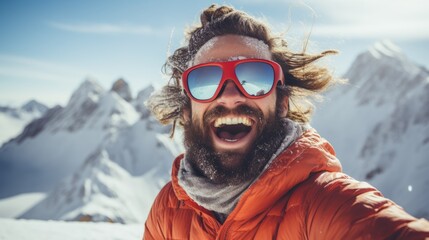 Fototapeta na wymiar happy man wear sunglasses spending weekend at ski resort winter holiday concept