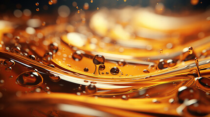 Oil drops close-up, Serum droplet with air bubbles, Skincare gold drops.