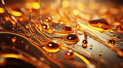 Oil drops close-up, Serum droplet with air bubbles, Skincare gold drops.