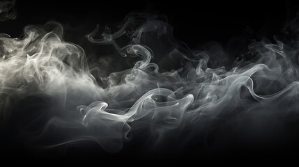 Smoke clouds, steam mist fog and white foggy vapor. 3D realistic smoke from dust particles isolated on black background. - obrazy, fototapety, plakaty