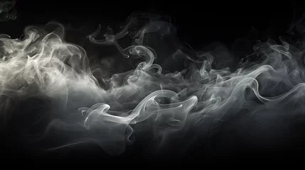 Tuinposter Smoke clouds, steam mist fog and white foggy vapor. 3D realistic smoke from dust particles isolated on black background. © Santy Hong