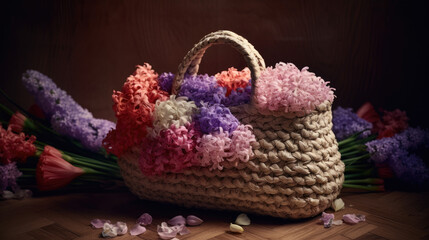 Fototapeta na wymiar Beautiful straw bag with seasonal flowers of hyacinth and carnation blossom.