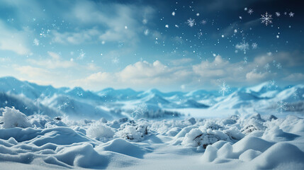 An amazingly beautiful fairy-tale panorama of the nature of a winter forest with shaggy snow-covered firs, deep snowdrifts and light snowfall.