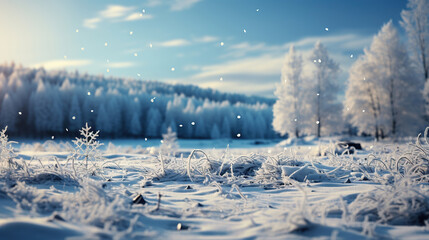 An amazingly beautiful fairy-tale panorama of the nature of a winter forest with shaggy snow-covered firs, deep snowdrifts and light snowfall.