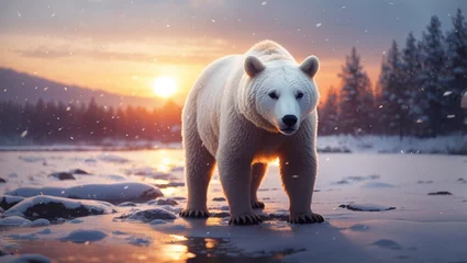 Foto op Canvas A white bear in snowfall with sunset. © asma