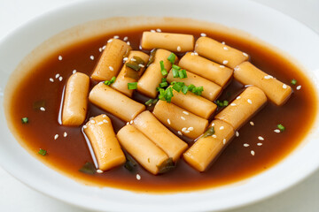Spicy Jjajang Tteokbokki or Korean rice cake in spicy black bean sauce