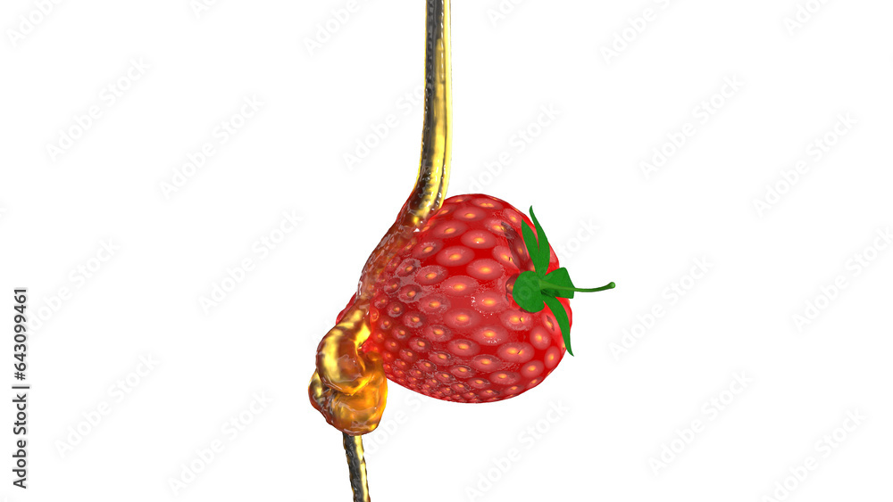 Wall mural Honey Jam drips onto the strawberry on transparent back