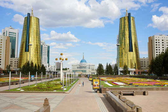 ASTANA, KAZAKHSTAN - JULY 20, 2023:. Nurzhol Boulevard, the square in front of the Akorda Presidential Residence
