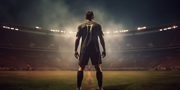 Close-up shot of a professional soccer player He was wearing unbranded sportswear. Stadium and crowd built in style ai