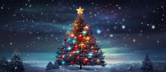 A christmas tree with christmas ornaments and other decorations. Winter background copy space