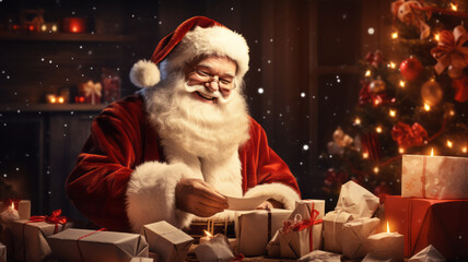 Happy santa sits at his desk and reads letters from children - Powered by Adobe