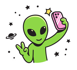 Cute cartoon alien character takes selfie with phone. Funny vector illustration.