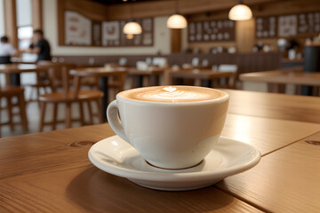 cup of coffee on wooden table in a coffee shop or restaurant