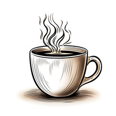 A black and white hand drawn illustration of a hot coffee in a mug. Isolated in white background. 