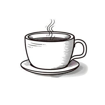 A black and white hand drawn illustration of a hot coffee in a mug. Isolated in white background. 