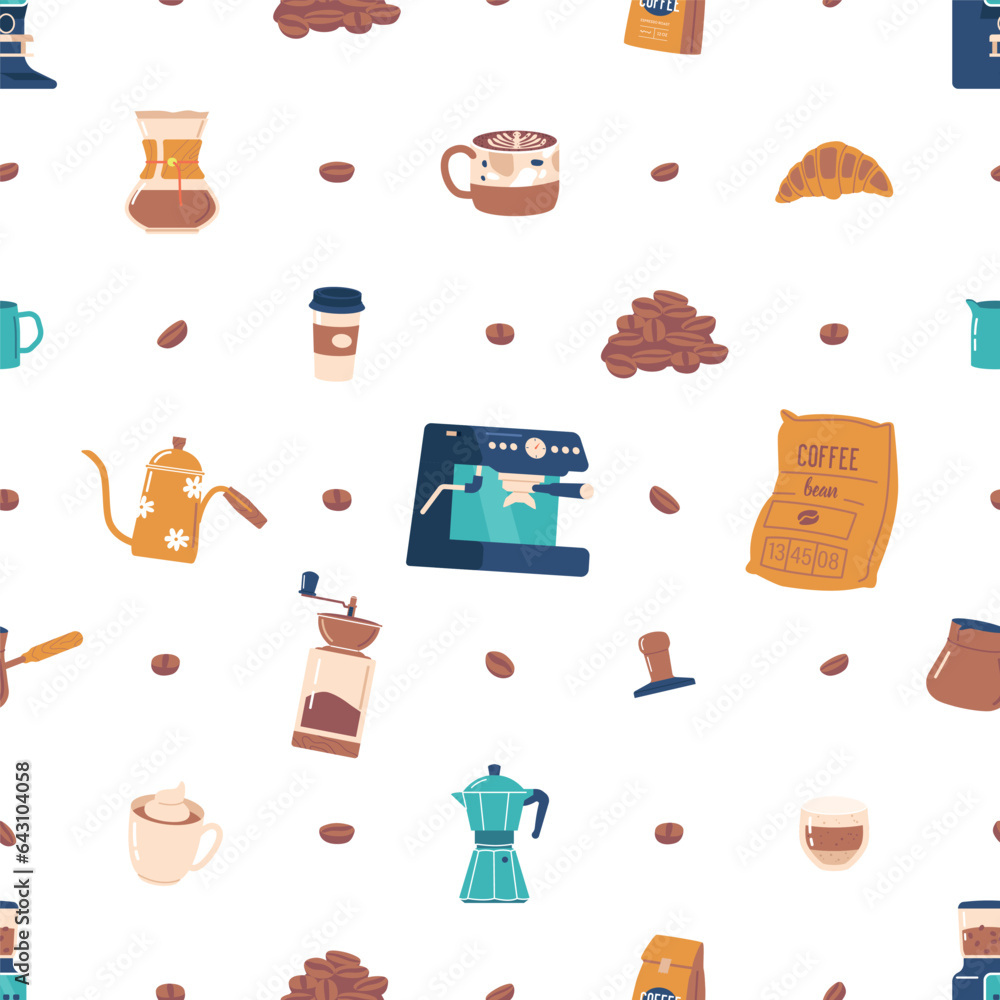 Poster seamless pattern featuring intricately designed coffee machines and coffee beans, creating a visuall