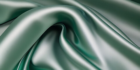 Abstract grey silver silk satin. Soft, wavy folds. Shiny fabric surface. Luxurious emerald green background with copy space for design.