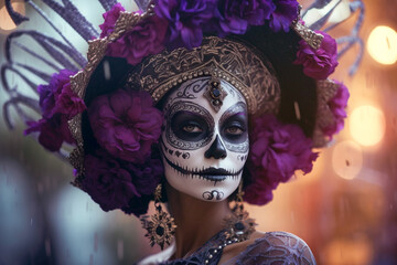 Photojournalistic style portrait of a beautiful young woman dressed as La Catrina in New Orleans...