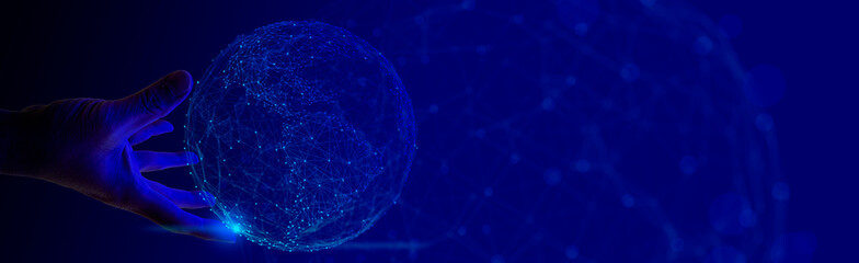 Businessman hand holding global network.Global business, internet network connection, IoT Internet...