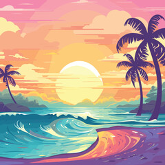 Fototapeta na wymiar 90s Retro Beach Background Vector Illustration