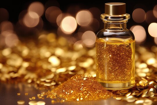 Cosmetic oil in glass bottle with golden glitter on bokeh background.Generative AI