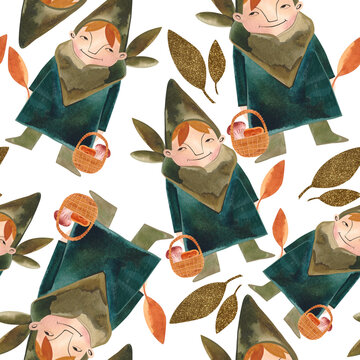 Watercolor seamless patern with autumn gnomes . Seasonal wrapping paper. Fall. Raster illustration for packaging, wallapers, wrapping paper, textile. White background