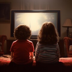 Girl and Boy watching television. Technology, relaxation, education design concept.