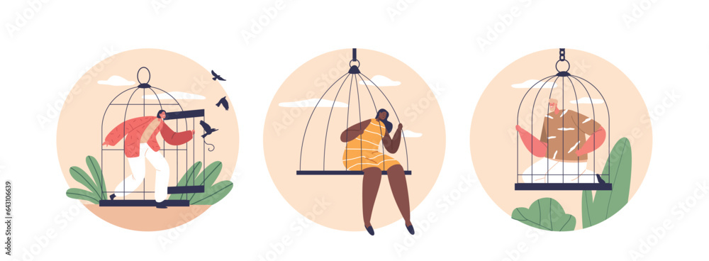 Poster isolated round icons or avatars with isolation and confinement scenes. people seated within secure c