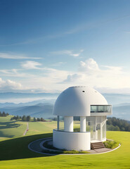 Capture the blend of technology and nature as an AI-powered weather forecasting station stands against serene rolling hills and clear skies, a testament to scientific innovation.