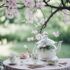 Fototapeta na wymiar Experience the charm of a garden tea ceremony, a tranquil oasis of petals and delicate settings captured with serenity, evoking the timeless beauty and peace of this cultural tradition.